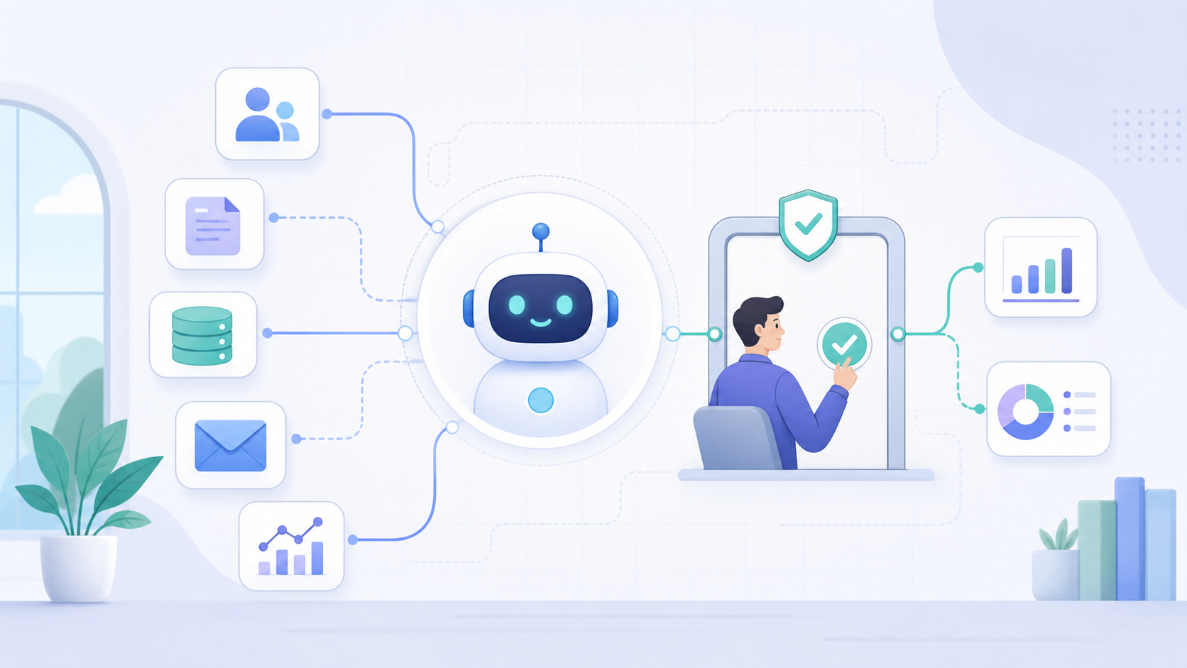 Image showing AI agents connected to business tools with a human approval checkpoint