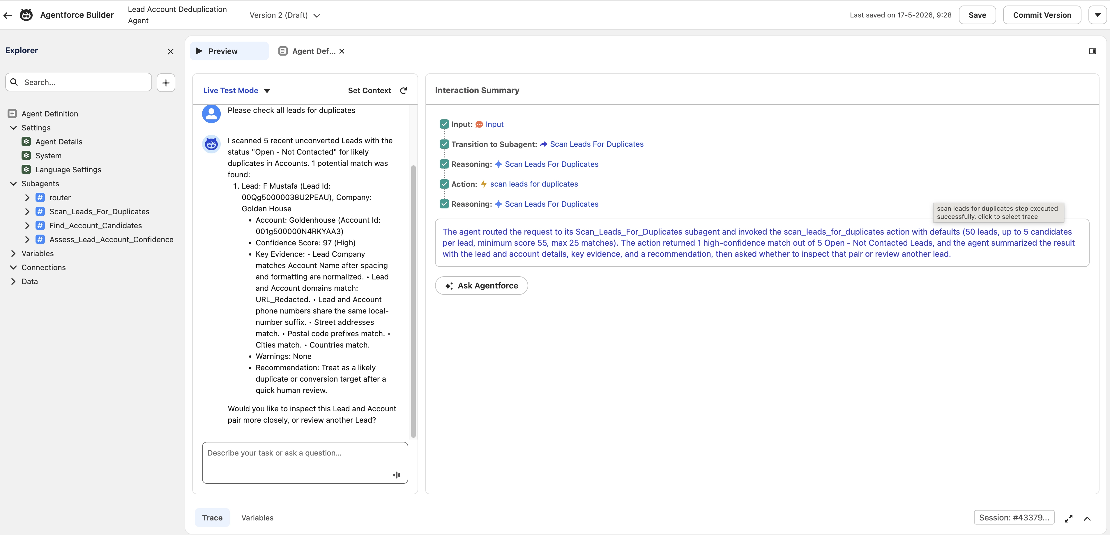 Agent response to duplicate check