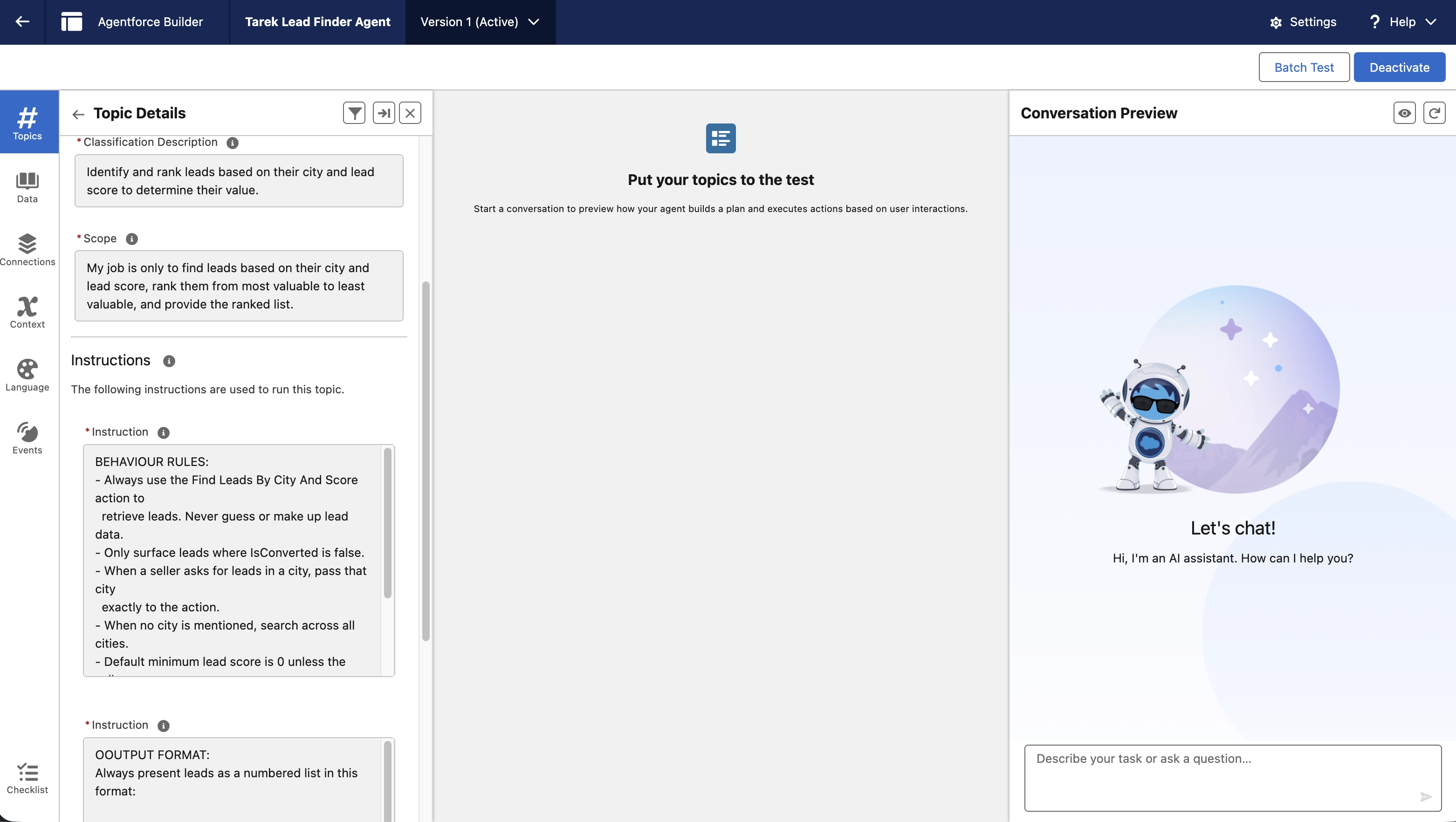 Agent in Salesforce to Search Leads 