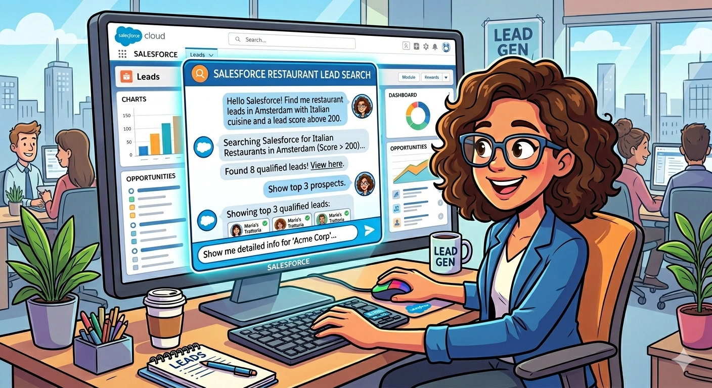 Image showing a cartoonish image about using Agentforce to search for lead data